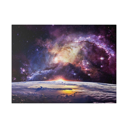 Canvas art print of a colorful spiral galaxy above Earth's horizon at sunrise, blending purple, pink, and orange nebula tones.