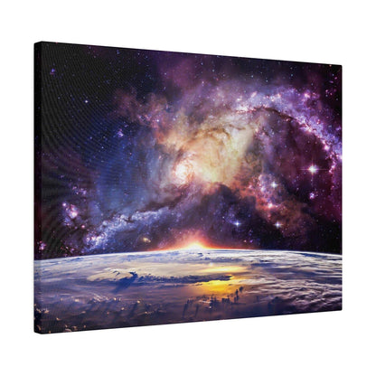 Canvas art depicting a colorful spiral galaxy above Earth's curved horizon at sunrise with purple, pink, and gold nebula hues.