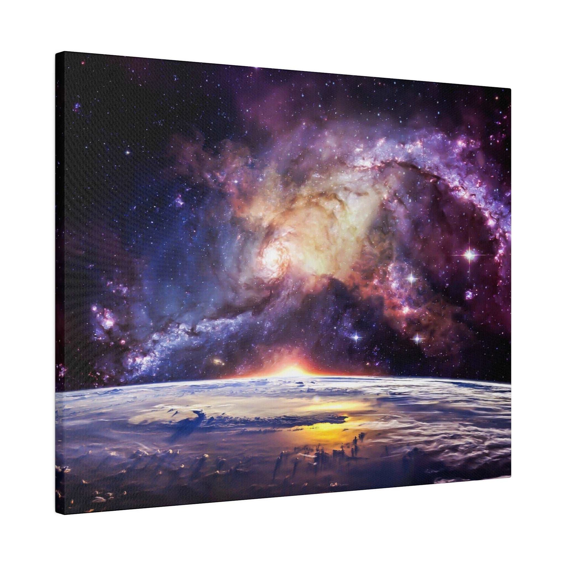 Canvas print of a colorful spiral galaxy above Earth's curved horizon at sunrise.