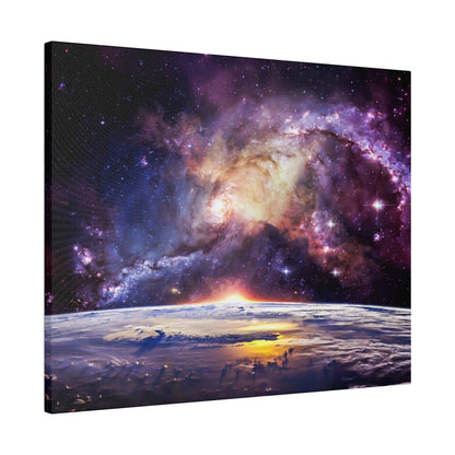 Canvas print of a colorful spiral galaxy above Earth's curved horizon at sunrise.