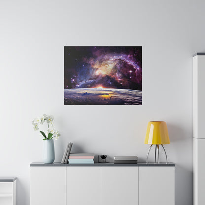 Square art print of a colorful galaxy above a white cabinet with a yellow lamp, books, and a vase of white flowers.