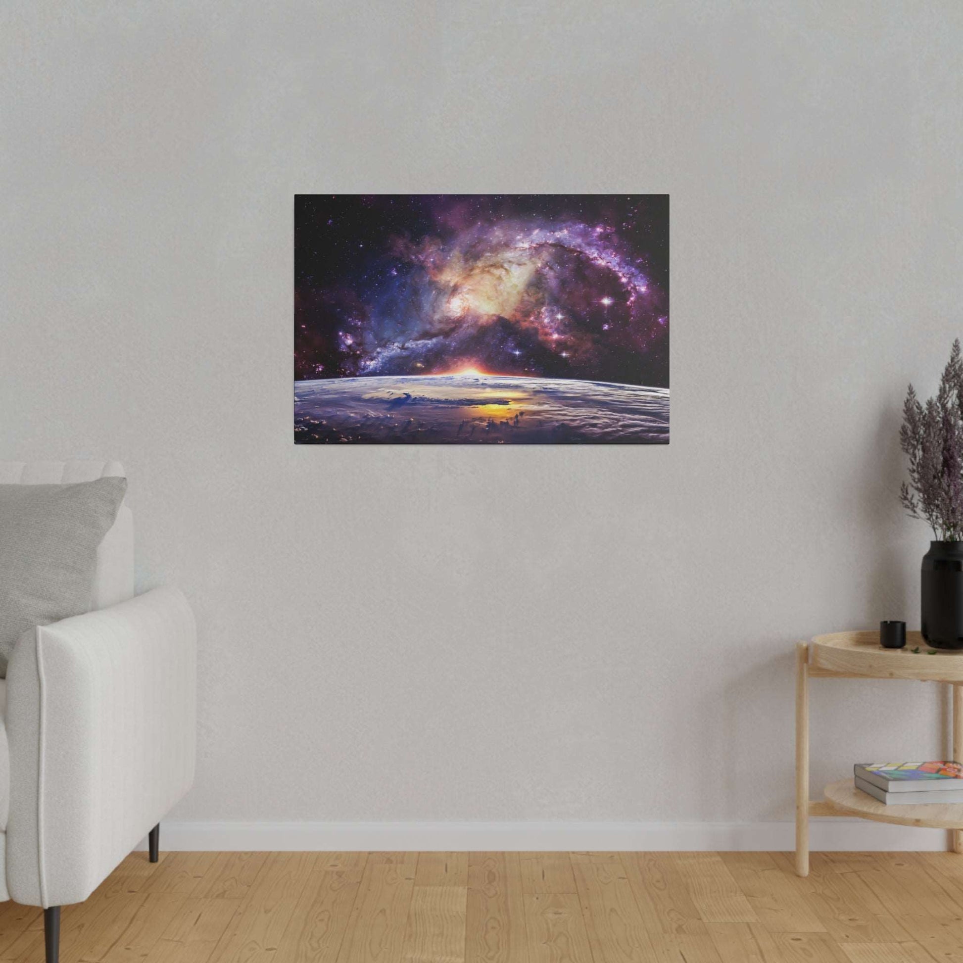 Canvas art depicting a colorful galaxy above Earth's horizon with a sunrise over a curved planet.