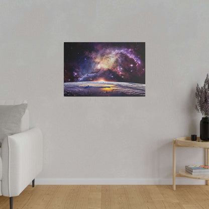 Canvas art depicting a colorful galaxy above Earth's horizon with a sunrise over a curved planet.