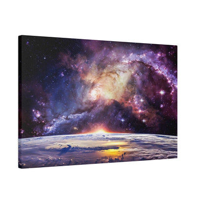 Canvas art showing a colorful galaxy above Earth's curved horizon at sunrise, with purple, pink, and orange nebulae.