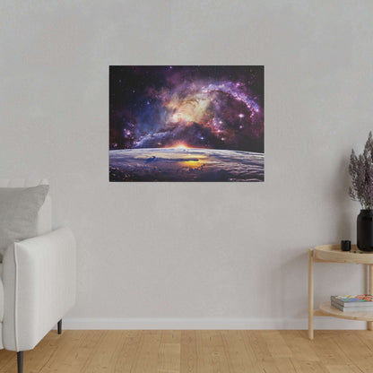 Square canvas art depicting a colorful galaxy above Earth's horizon at dawn, hanging on a gray wall.