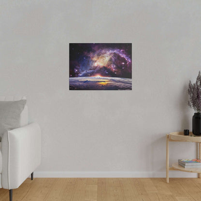 Square canvas print depicting a colorful galaxy above Earth's horizon at sunrise, mounted on a light gray wall.