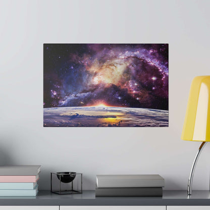 Canvas art showing a colorful galaxy above a planetary horizon, titled Galactic Vista: Cosmic Dawn, mounted on a wall above a desk.