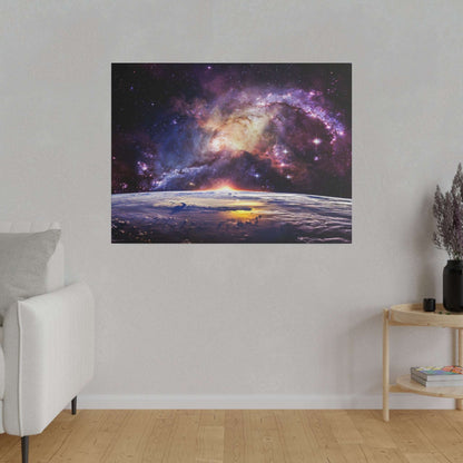 Canvas art print depicting a colorful galaxy above Earth's curved horizon with a sunrise glow.