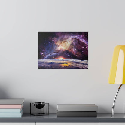 Space galaxy canvas print mounted on a light gray wall, with a yellow lamp and stacked books on a shelf below.