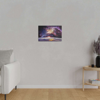 Small rectangular canvas print of a starry galaxy above a planetary horizon, mounted on a light gray wall in a minimalist living room.