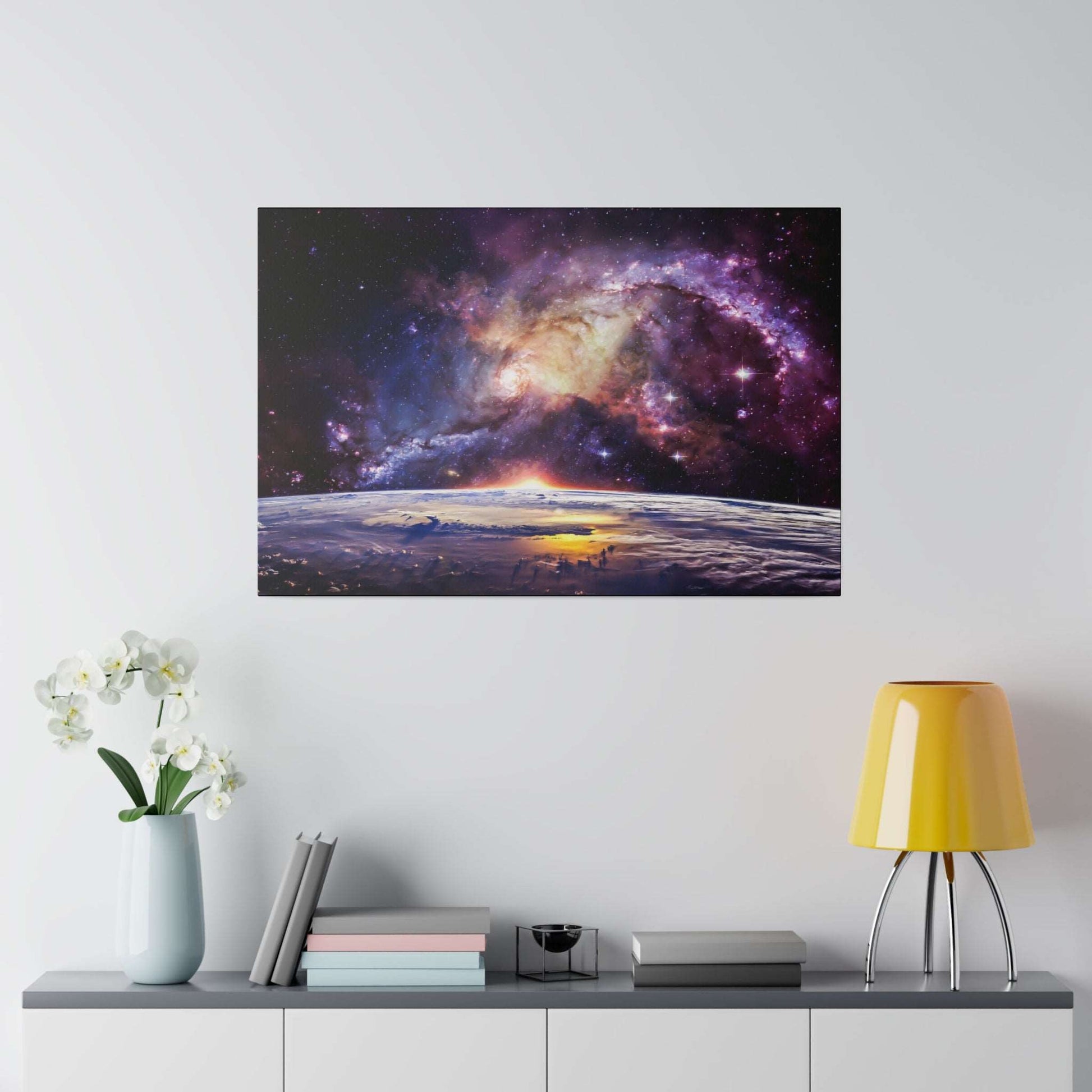 Canvas wall art print of a colorful galaxy above Earth's curved horizon at dawn.