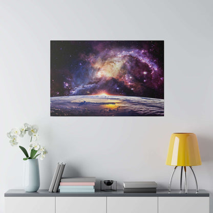Canvas wall art print of a colorful galaxy above Earth's curved horizon at dawn.