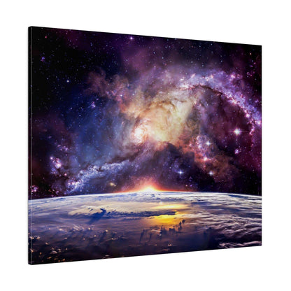 Canvas art showing a colorful spiral galaxy above a curved planetary horizon at sunrise.