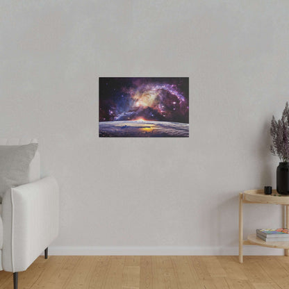 Canvas print of a nebula over a planetary horizon, with purple, pink, and yellow hues, mounted on a light gray wall.