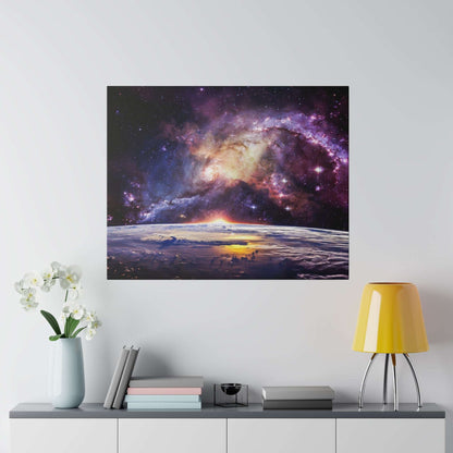 Canvas art depicting a colorful spiral galaxy above Earth's horizon at sunrise, hung on a light wall.