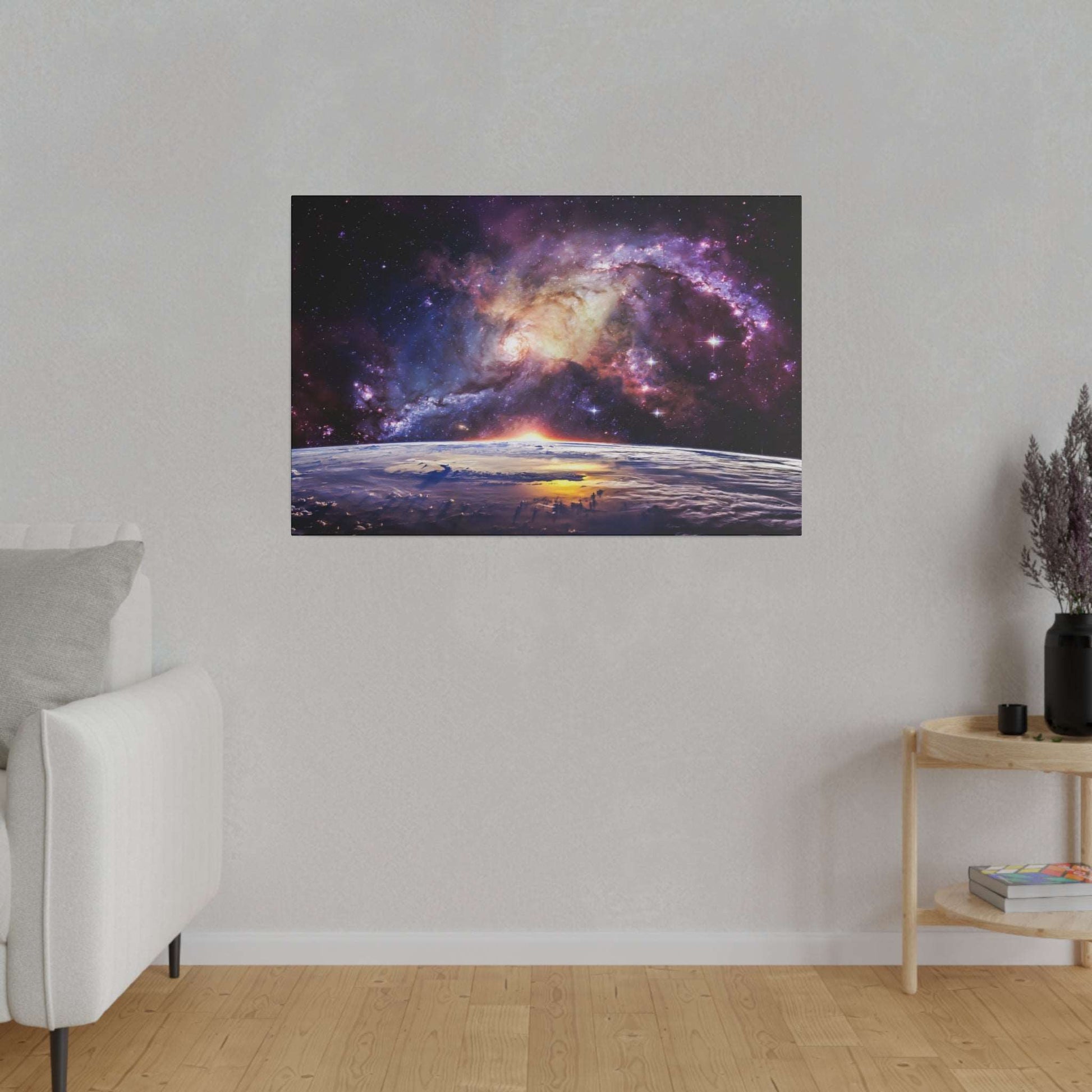 Canvas art showing Earth's curved horizon at sunrise beneath a colorful galaxy and purple-pink nebula.