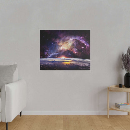 Square canvas print depicting a colorful galaxy above Earth's horizon at sunrise, hanging on a gray wall.
