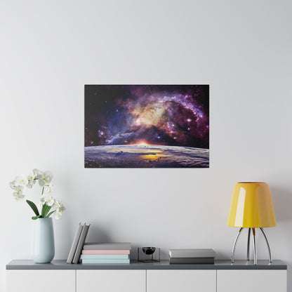 Canvas wall art showing a colorful galaxy above Earth at sunset with purple, blue, and orange tones.