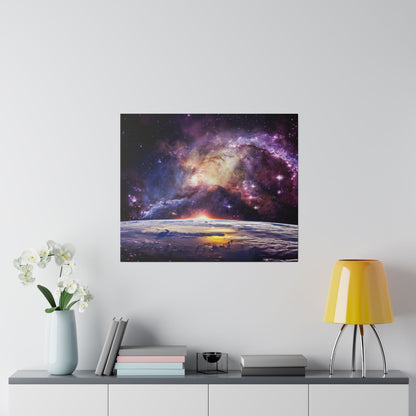 Square canvas print of a colorful galaxy over Earth's horizon, hung on a white wall above a gray sideboard with a vase, books, and a