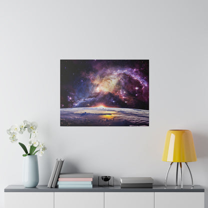 Square wall art showing a galaxy and sunrise over Earth’s horizon, mounted above a console with a yellow lamp and white flowers.