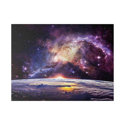 Colorful spiral galaxy fills the upper canvas above Earth's curved horizon with a sunrise glow.
