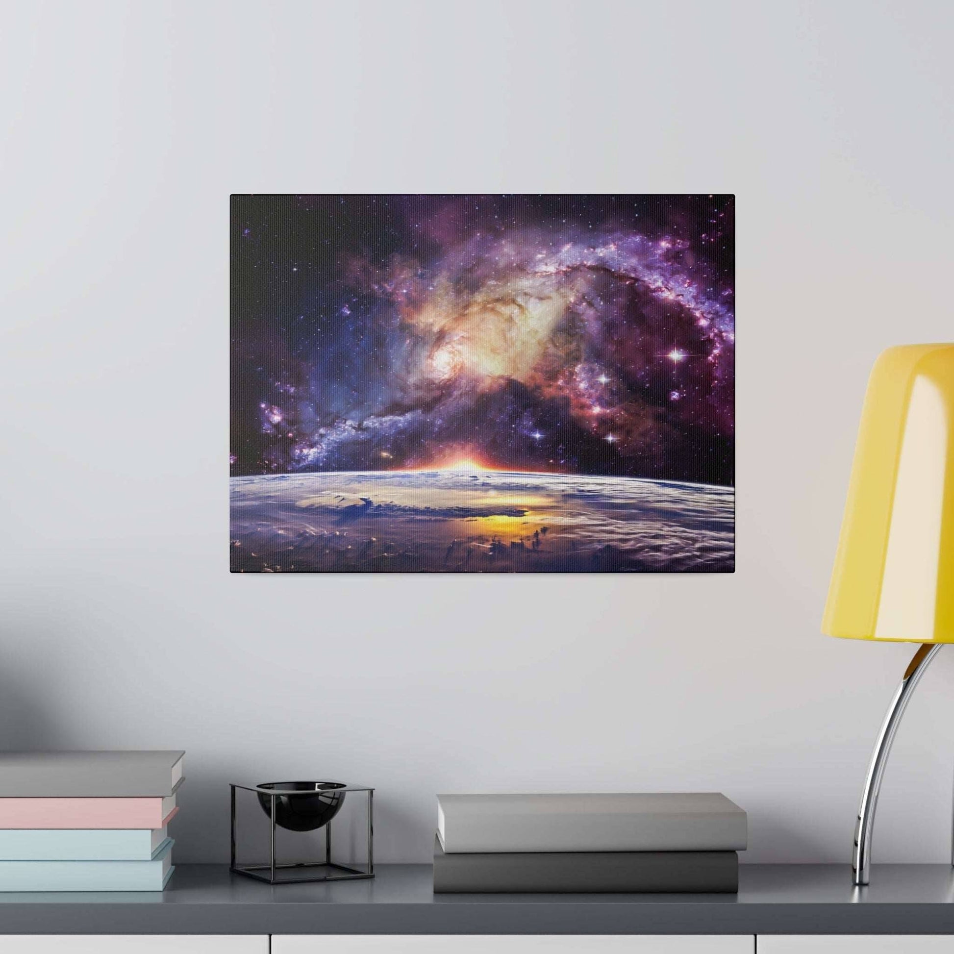 Square canvas print of a galaxy with purple, pink, and orange hues above the Earth’s horizon at sunrise.