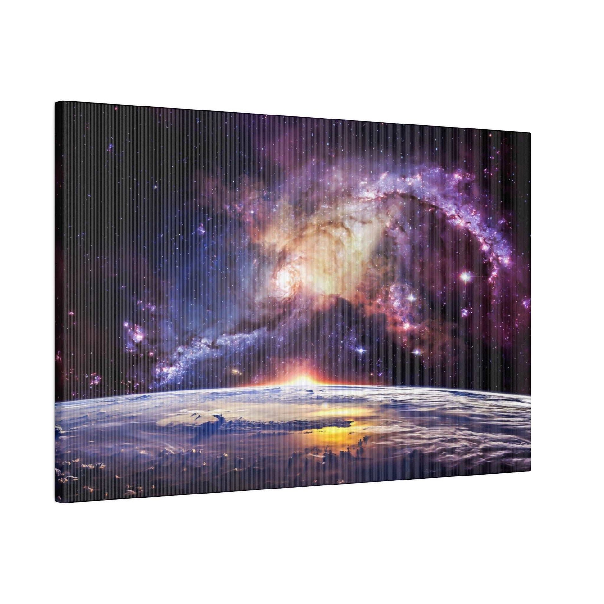 Canvas art showing a colorful spiral galaxy and nebula above Earth's horizon, with sunrise colors over a blue curved planet.