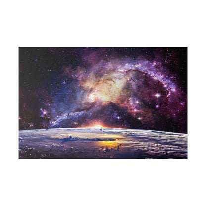 Wide space scene showing a colorful spiral galaxy above a curved Earth horizon at sunrise.