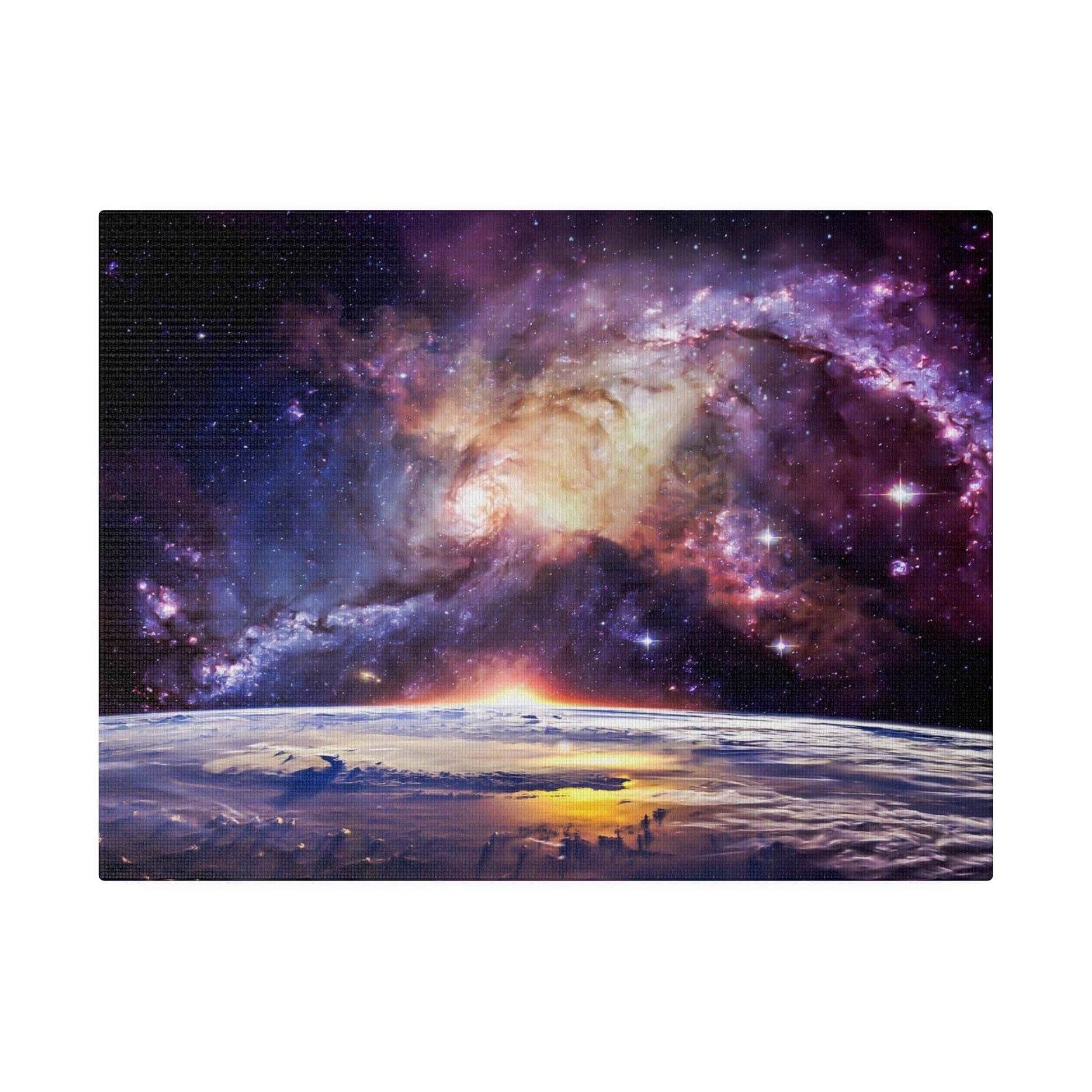 Canvas art of a colorful spiral galaxy above Earth's horizon at sunrise, with purple, pink, and orange hues.
