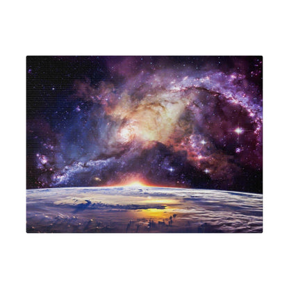 Canvas art of a colorful spiral galaxy above Earth's horizon at sunrise, with purple, pink, and orange hues.