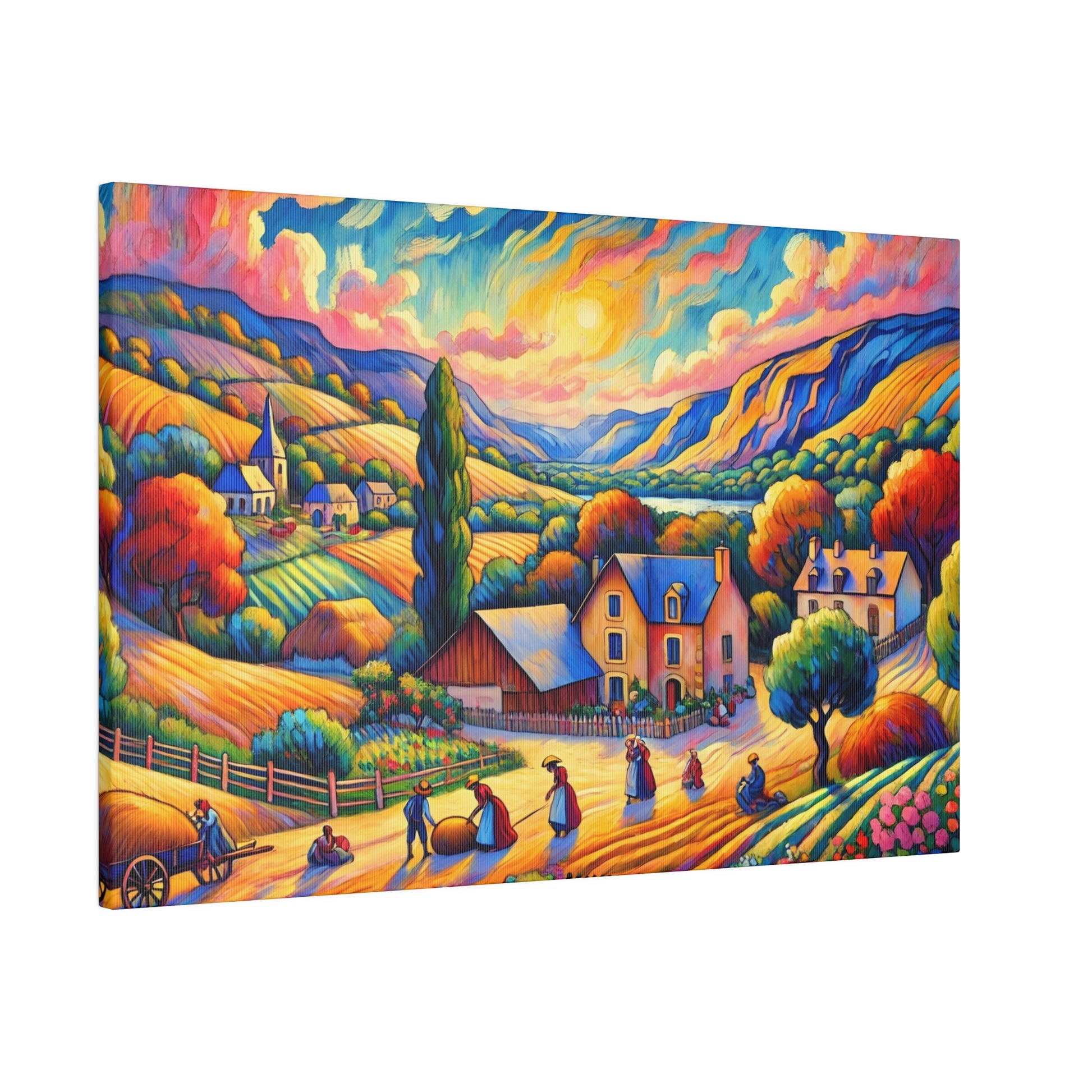 Vibrant, stylized landscape painting of a countryside village with colorful hills, houses, and villagers walking along a sunlit road.