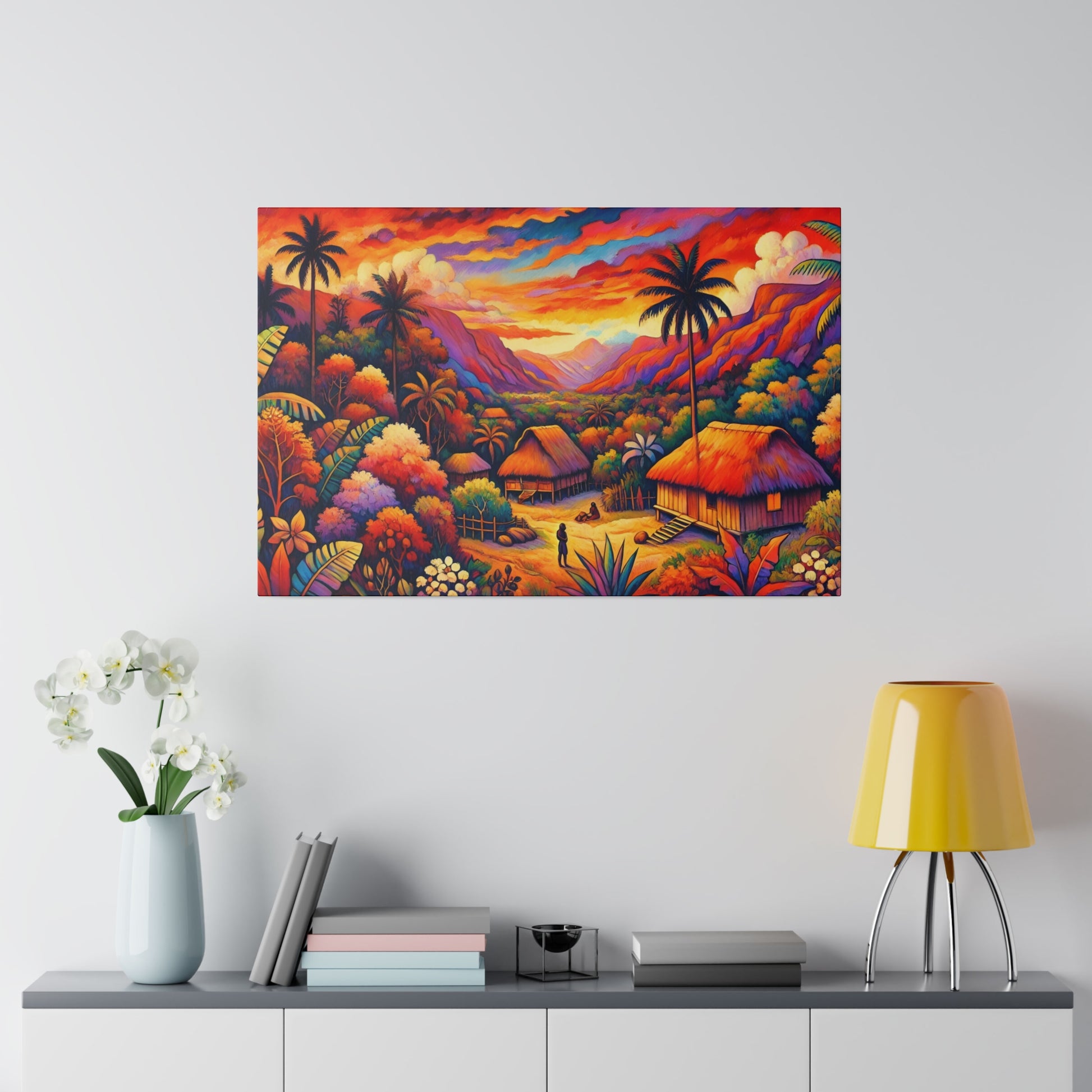 Vibrant tropical landscape painting featuring thatched huts, palm trees, and colorful mountains at sunset.