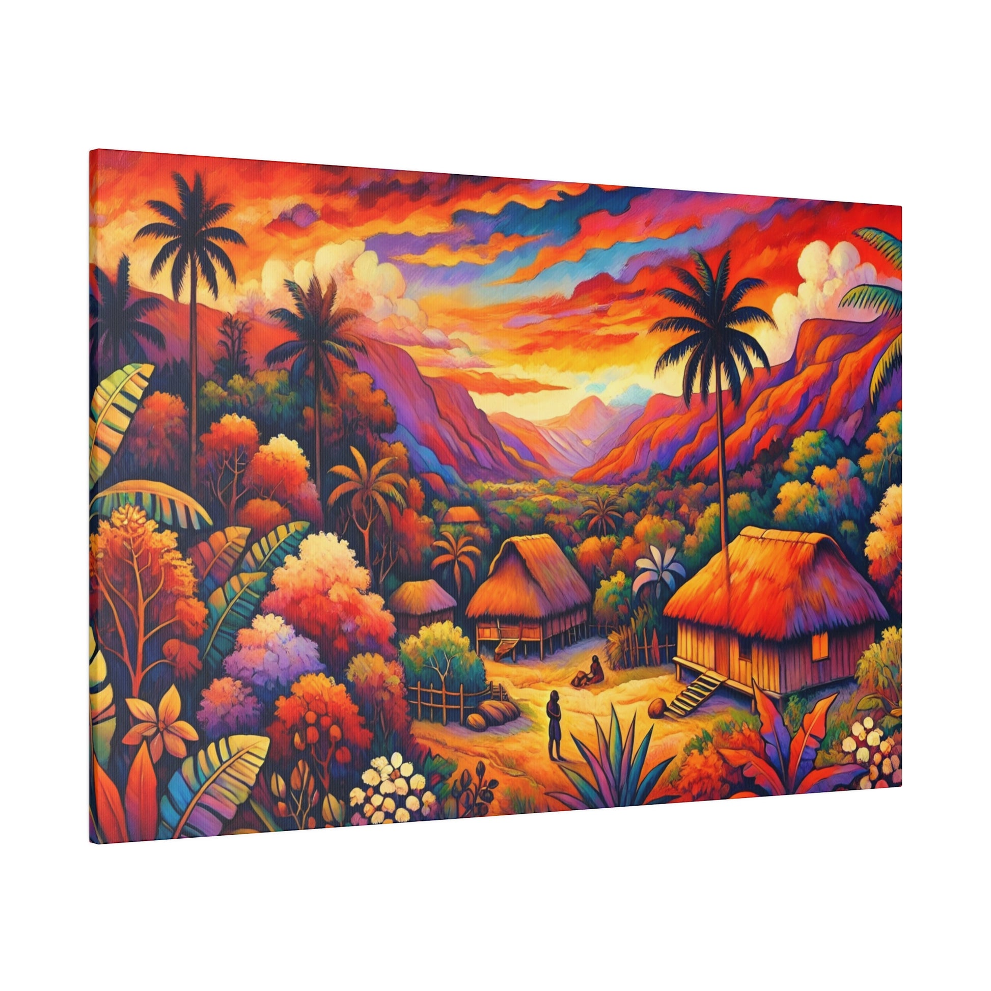 Colorful tropical landscape painting with thatched huts, palm trees, and a vivid sunset valley.