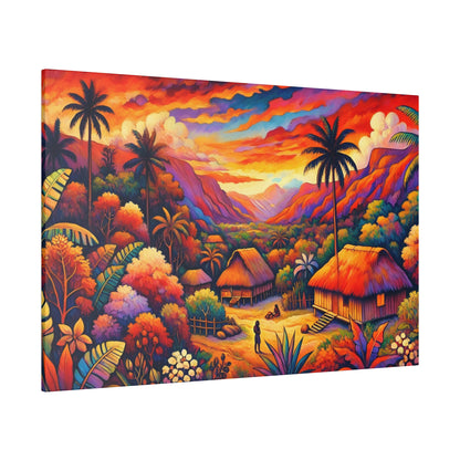 Colorful tropical landscape painting with thatched huts, palm trees, and a vivid sunset valley.