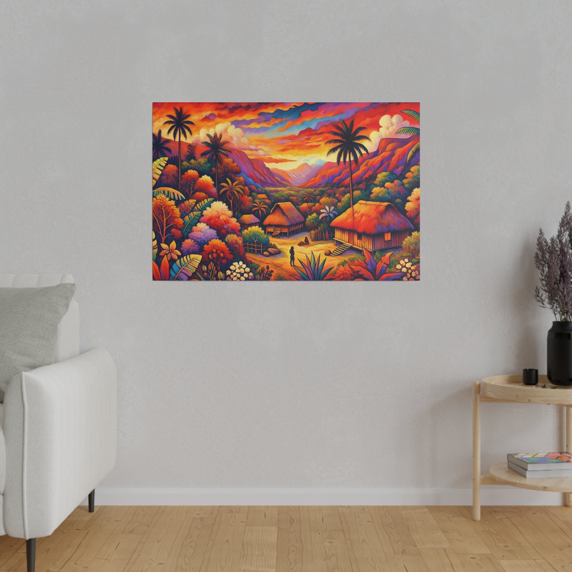 Colorful tropical landscape painting of huts, palm trees, and mountains at sunset.
