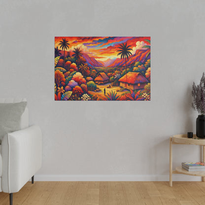 Colorful tropical landscape painting of huts, palm trees, and mountains at sunset.
