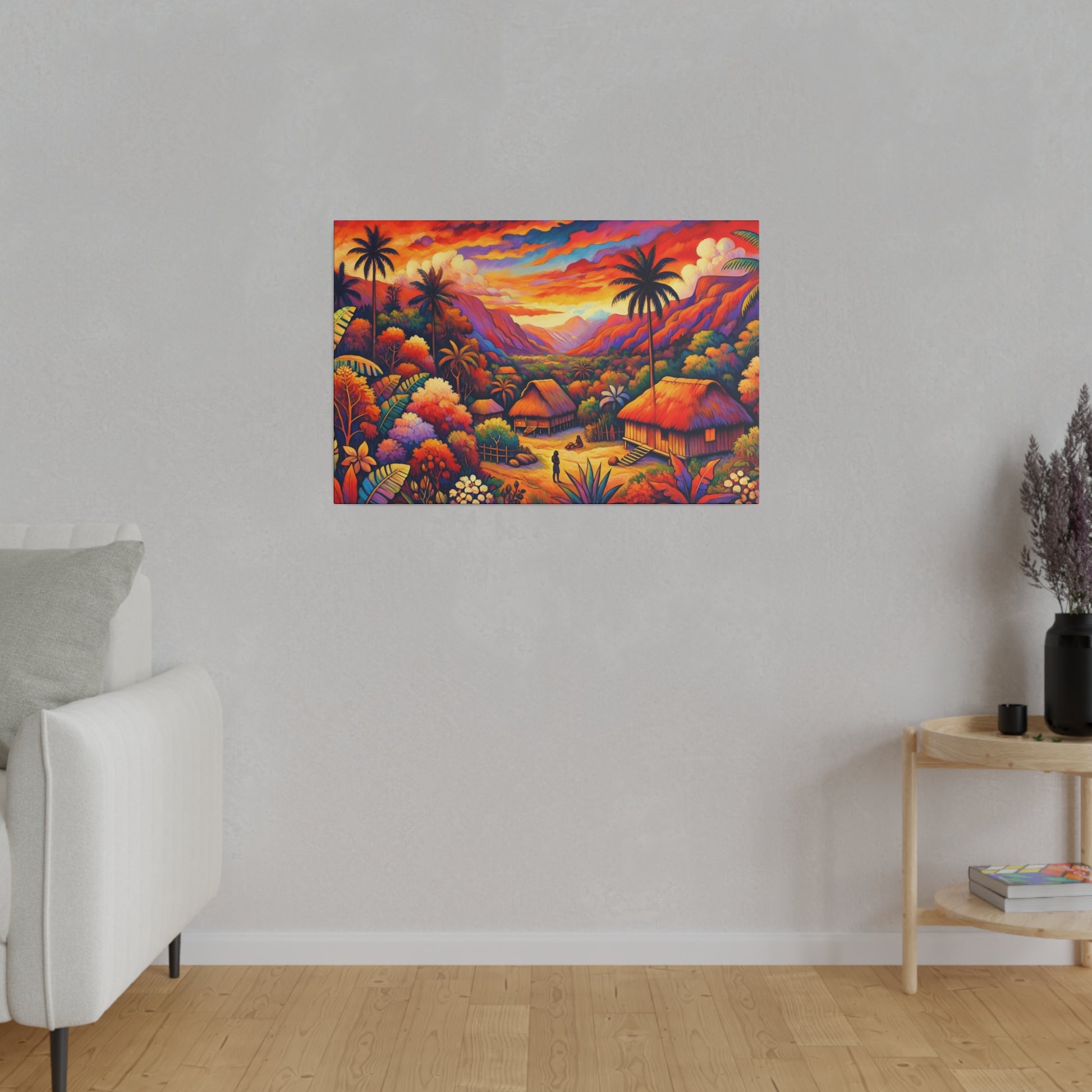 Bright tropical landscape painting of huts, palm trees, and mountains mounted on a light-gray living room wall.