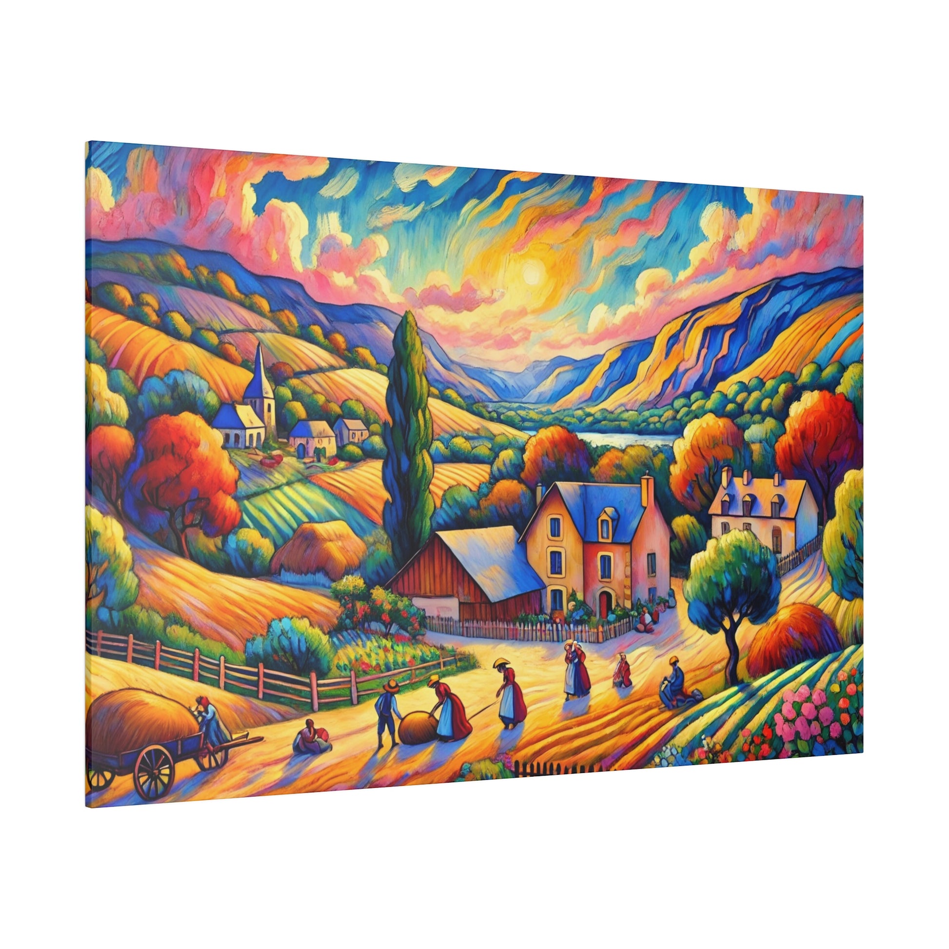 Vibrant, impressionistic landscape painting of a sunlit village with colorful hills, trees, and villagers along a winding road.