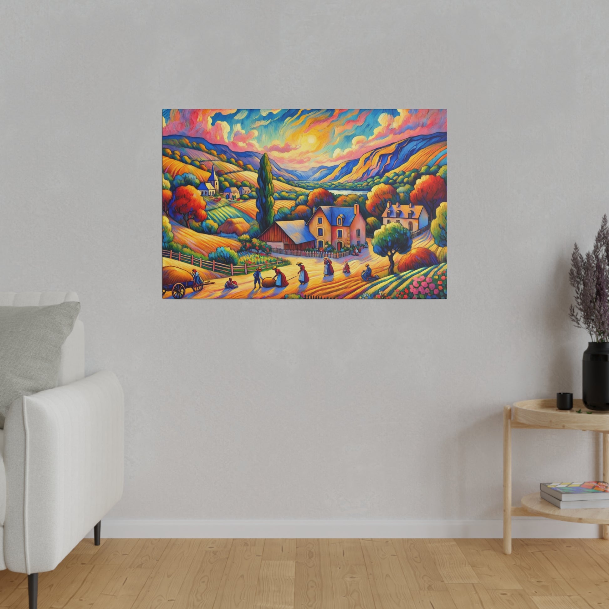 Vibrant landscape painting of a village in rolling hills, mounted on a gray wall.