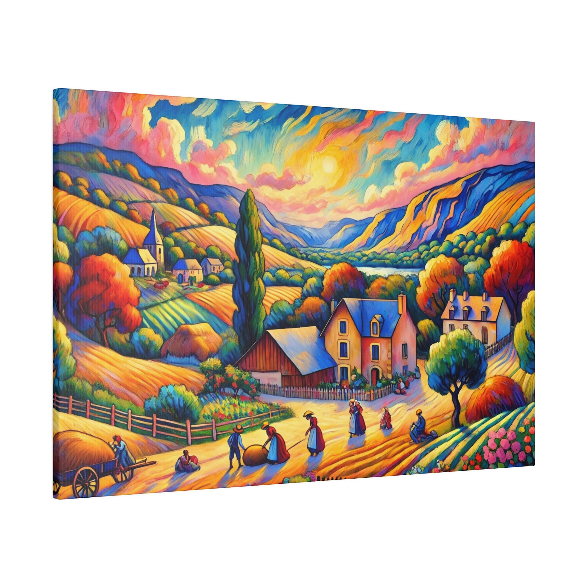 Vivid impressionistic landscape painting of a sunlit countryside with colorful hills, village houses, and villagers along a winding road.
