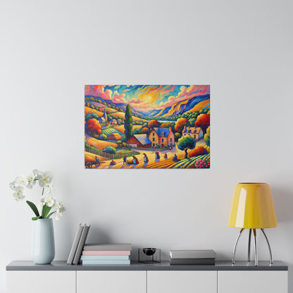 Bright, colorful landscape painting of a village with hills and trees hanging on a gray wall above a console with a vase, books, and a