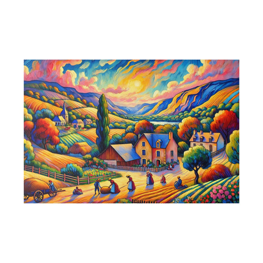 Colorful landscape painting of a rural village with rolling hills, vibrant fields, colorful trees, and people in the foreground.