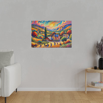 Colorful landscape painting of a village with hills, trees, and a bright sky, hung on a gray wall.