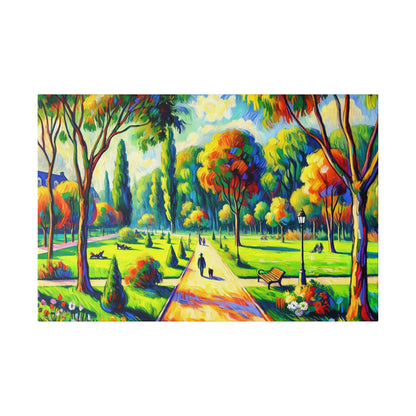 Colorful impressionist painting of a sunlit park with a central path, trees, benches, and lush greenery.