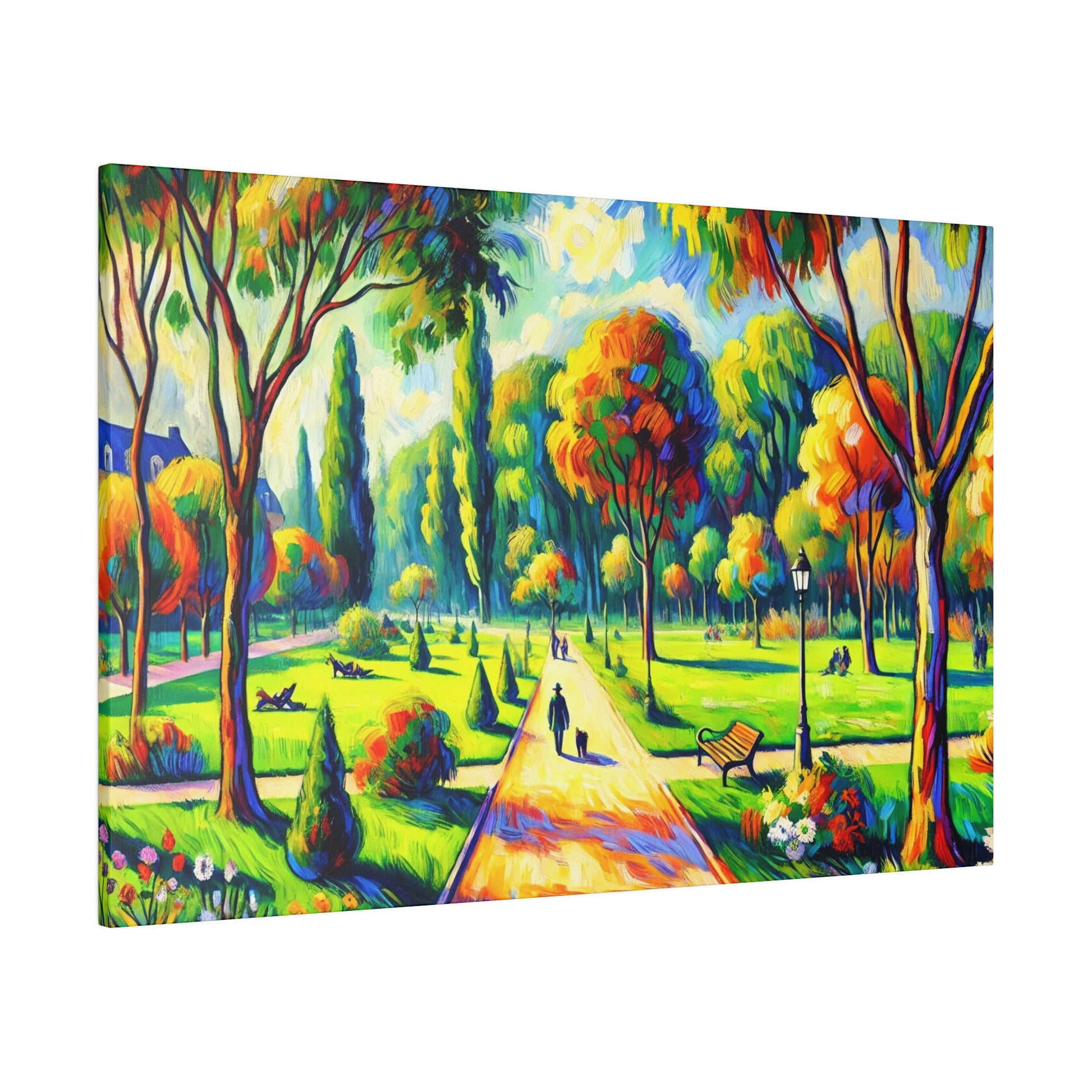 Vibrant impressionist-style painting of a park scene with a central path, trees, benches, and bright colorful foliage.