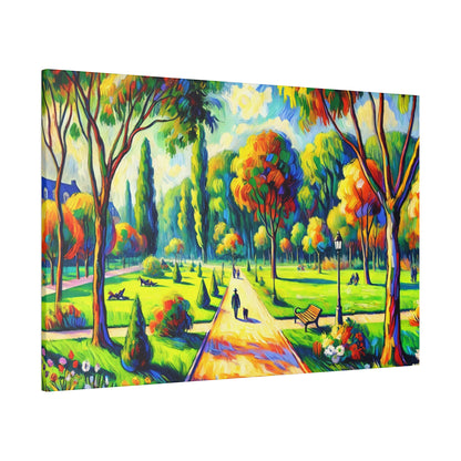 Vibrant impressionist-style painting of a park scene with a central path, trees, benches, and bright colorful foliage.