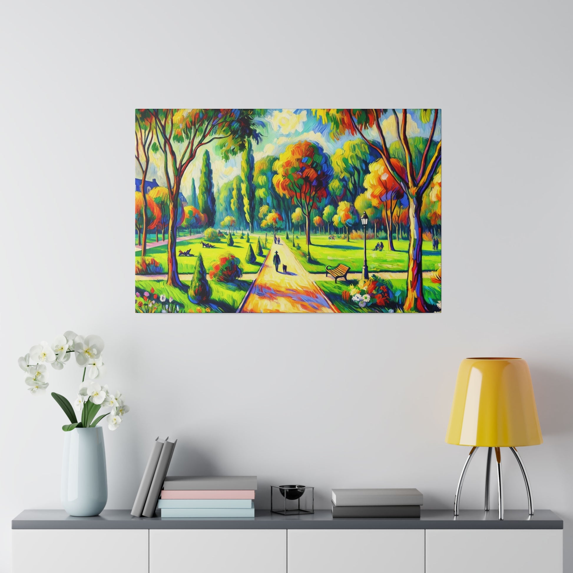 Colorful landscape painting of a park with a central path, benches, and vibrant trees.