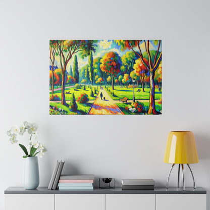 Colorful landscape painting of a park with a central path, benches, and vibrant trees.