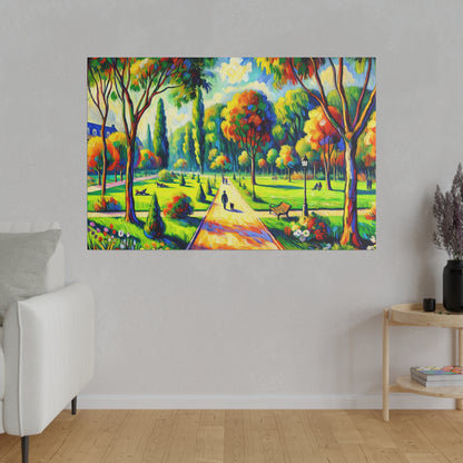 Bright, colorful park scene painting with a central path, trees, benches, and people walking.