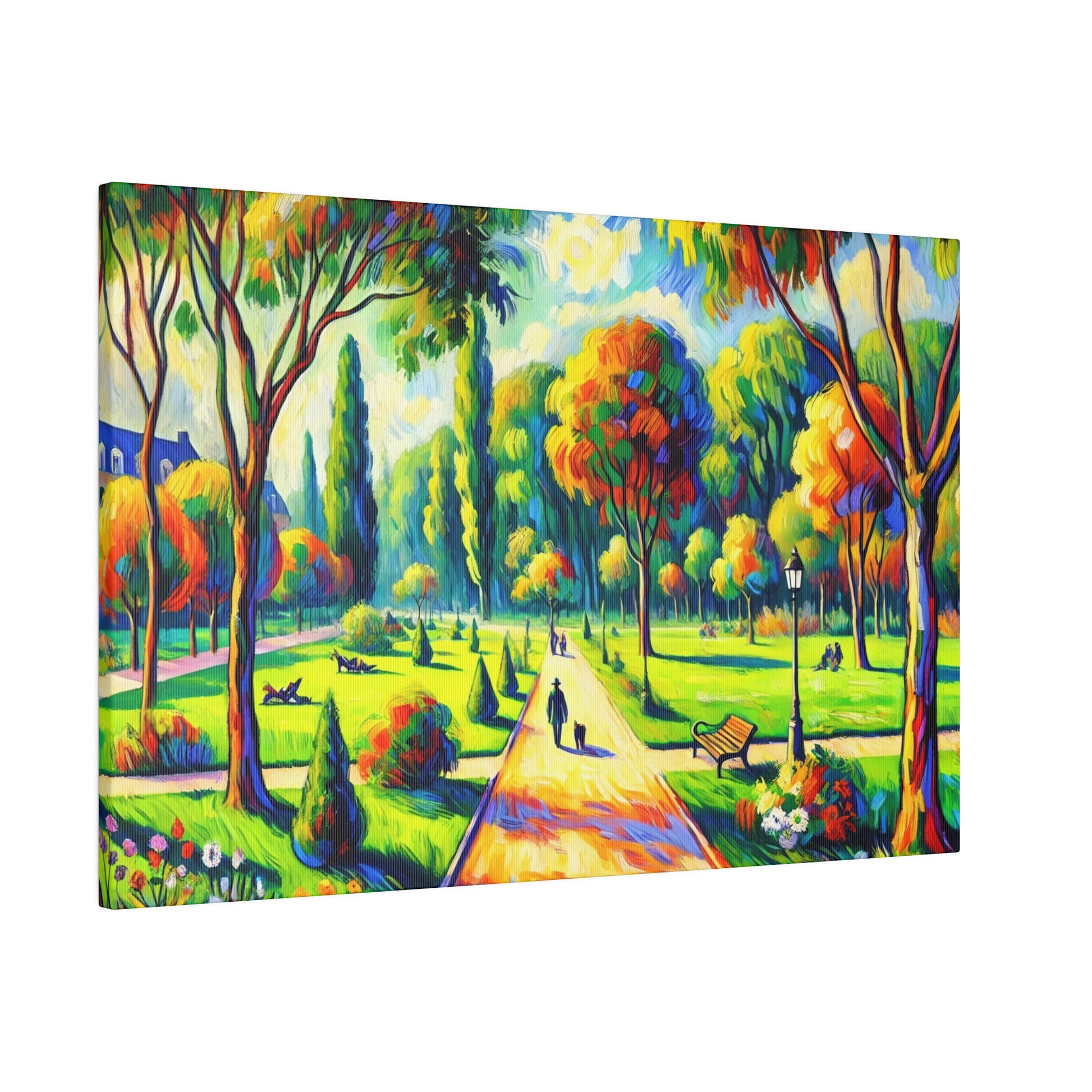 Vibrant impressionist painting of a sunlit park with a central path, benches, and colorful trees.